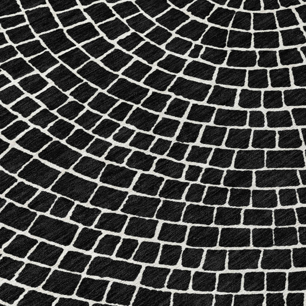 8 Ft Round Geometric Polyester Area Rug Washable Indoor Outdoor Black Ivory
