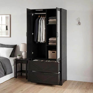English Elm 2 Door Wardrobe Closet with Full Length Mirror Motion Light Hanging Rod and Drawers Black W409P266778