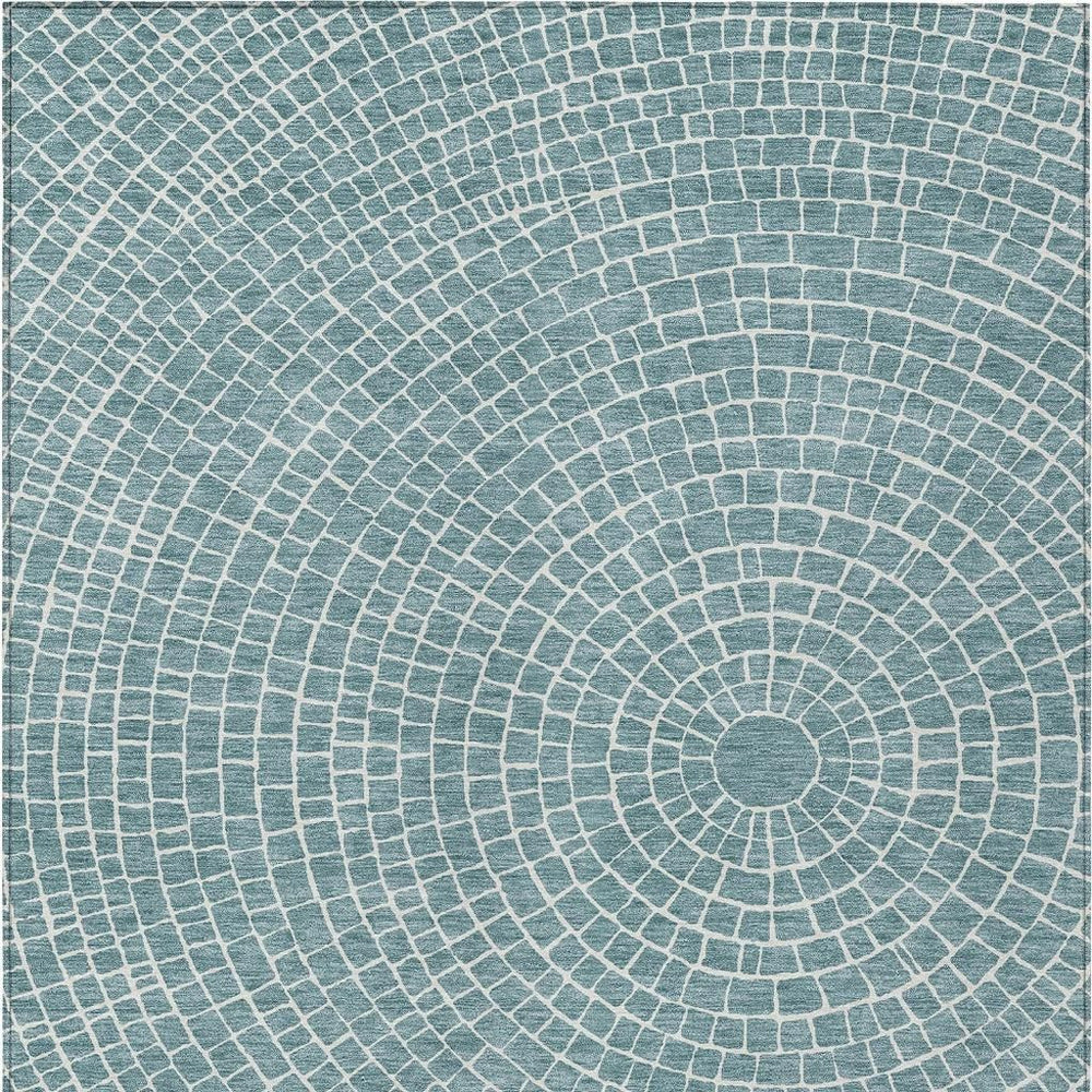 HomeRoots 9x12 Geometric Teal Ivory Polyester Washable Indoor Outdoor Rug for Patio Living 725554