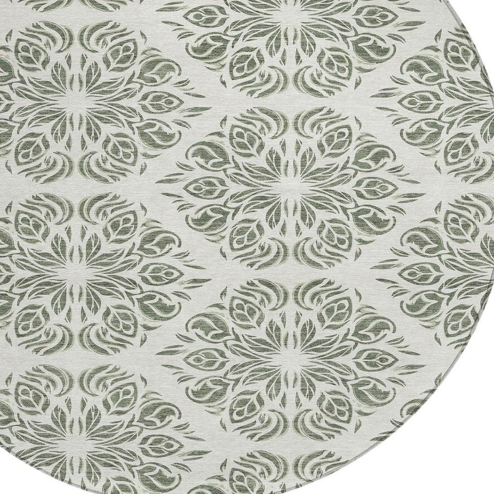 HomeRoots 8 Foot Round Damask Area Rug Washable Polyester Indoor Outdoor Patio Felt Back 725578
