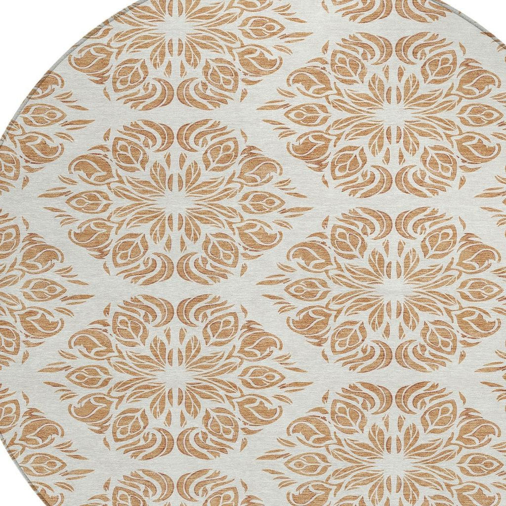 HomeRoots 8 Foot Round Damask Polyester Area Rug Machine Washable for Indoor Outdoor Spaces 725584