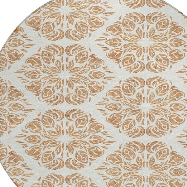 HomeRoots 8 Foot Round Damask Polyester Area Rug Machine Washable for Indoor Outdoor Spaces 725584