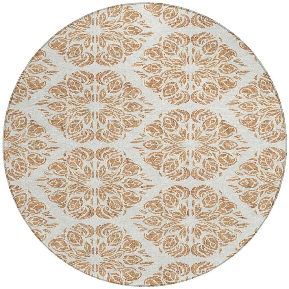 HomeRoots 8 Foot Round Damask Polyester Area Rug Machine Washable for Indoor Outdoor Spaces 725584