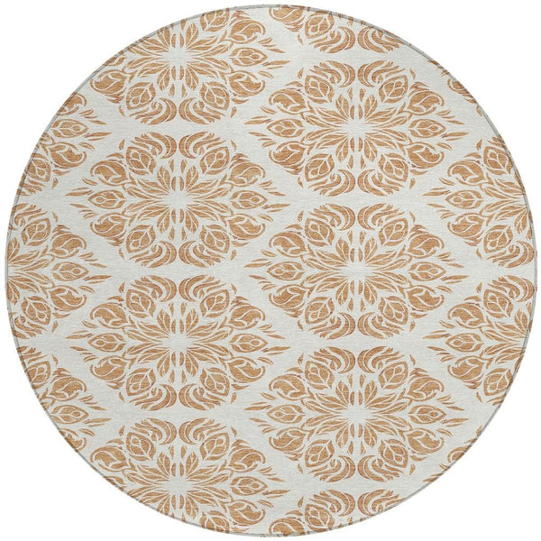 8 Foot Round Damask Polyester Area Rug Machine Washable for Indoor Outdoor Spaces
