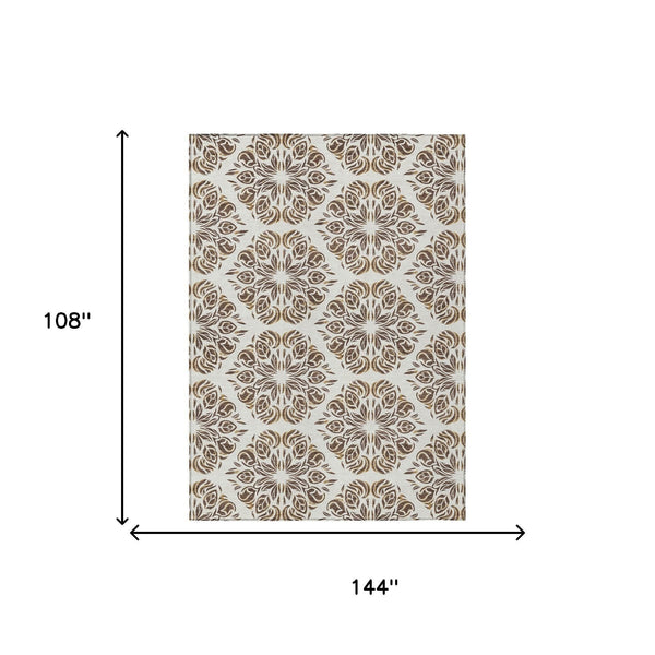 9x12 Damask Polyester Area Rug Washable Low Pile for Patios and Living Rooms