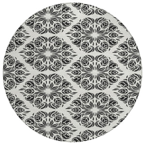 8 Foot Round Damask Polyester Area Rug Washable Indoor Outdoor Patio Ivory