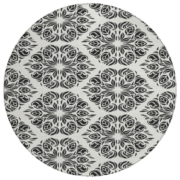 8 Foot Round Damask Polyester Area Rug Washable Indoor Outdoor Patio Ivory
