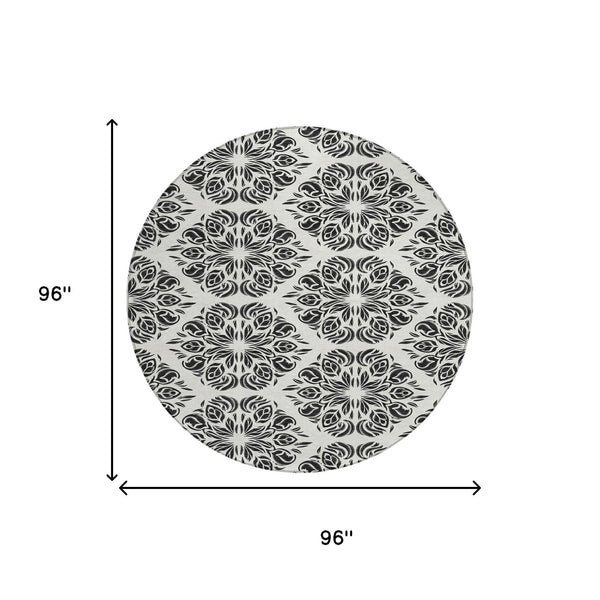 8 Foot Round Damask Polyester Area Rug Washable Indoor Outdoor Patio Ivory