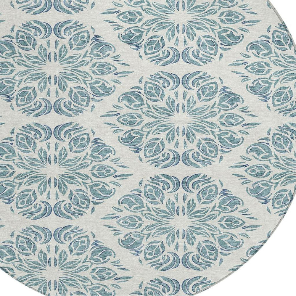 HomeRoots 8 Ft Round Damask Polyester Rug Washable Indoor Outdoor Teal Ivory Patio Foyer 725602