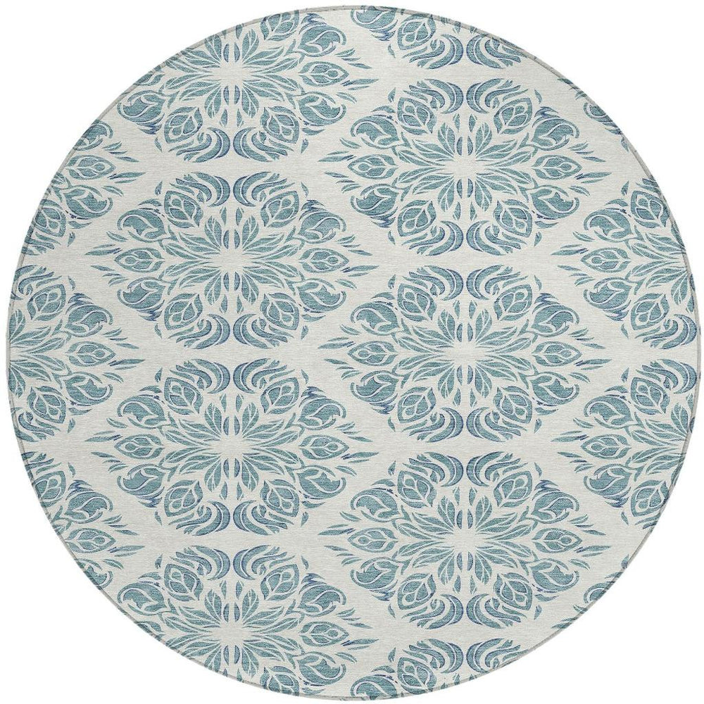 HomeRoots 8 Ft Round Damask Polyester Rug Washable Indoor Outdoor Teal Ivory Patio Foyer 725602