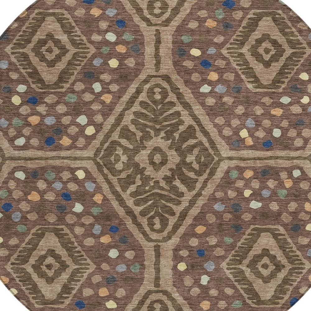 HomeRoots 8 Ft Round Tribal Geometric Polyester Indoor Outdoor Washable Rug for Patio or Foyer 725608