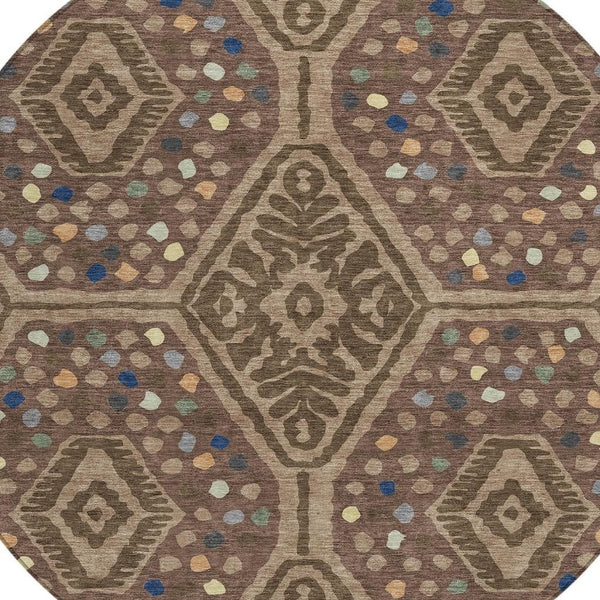 HomeRoots 8 Ft Round Tribal Geometric Polyester Indoor Outdoor Washable Rug for Patio or Foyer 725608