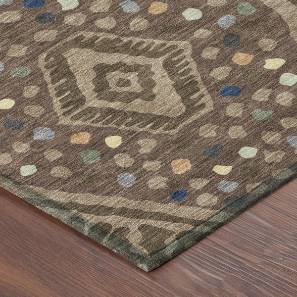 8 Ft Round Tribal Geometric Polyester Indoor Outdoor Washable Rug for Patio or Foyer