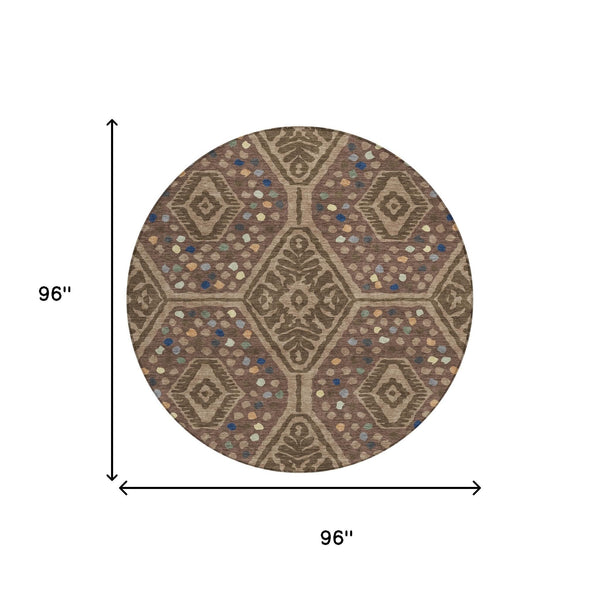 8 Ft Round Tribal Geometric Polyester Indoor Outdoor Washable Rug for Patio or Foyer