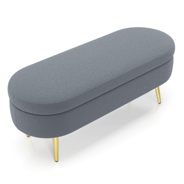 English Elm Ottoman Oval Flannel Storage Bench with Matte Metal Legs for Bedroom or Living Room Dark Gray W487P438628