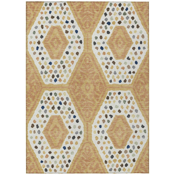 10 Ft X 14 Ft Gold Ivory Tribal Polyester Washable Rug for Patio and Living Room