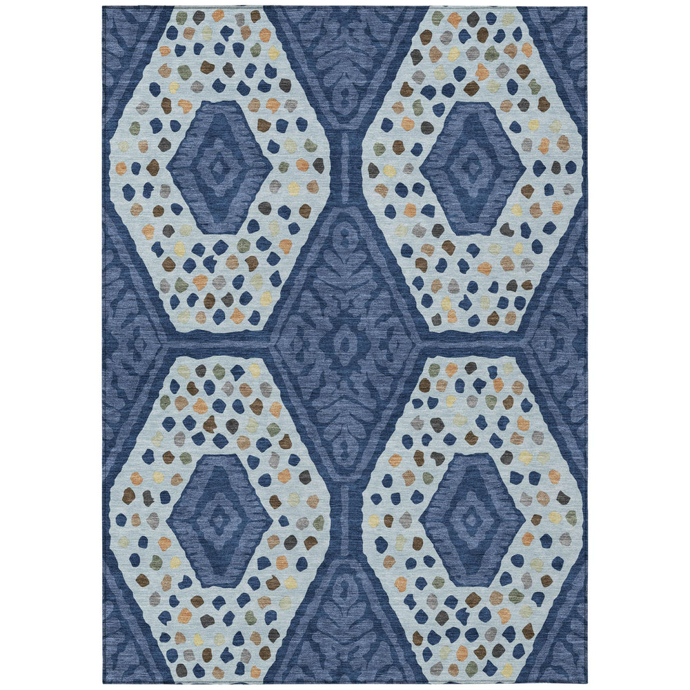 HomeRoots Tribal Polyester Area Rug Washable Indoor Outdoor Low Pile Navy Blue Patio Living Room 5' x 8' 725637