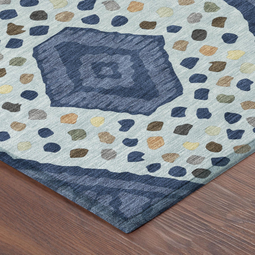 HomeRoots 8 Ft Round Tribal Geometric Polyester Area Rug Navy Blue Indoor Outdoor Washable 725638