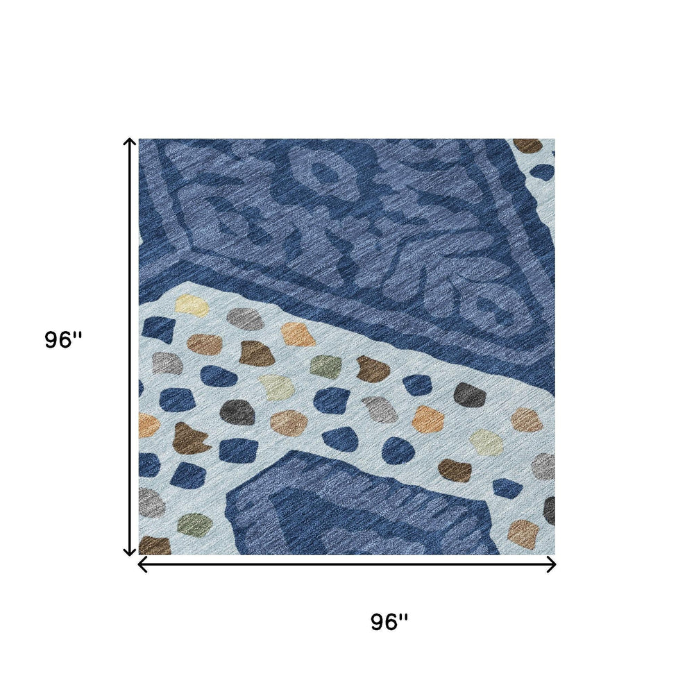 HomeRoots 8 Ft Round Tribal Geometric Polyester Area Rug Navy Blue Indoor Outdoor Washable 725638