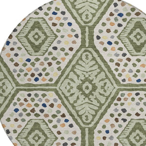 HomeRoots 8 Foot Round Tribal Geometric Indoor Outdoor Rug Washable Polyester Sage Beige 725650