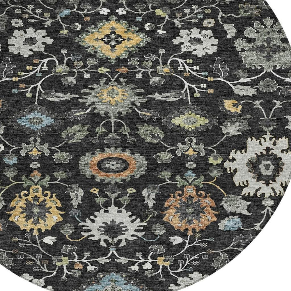 HomeRoots 8 Ft Round Floral Medallion Polyester Area Rug Washable for Patio and Entryway 725656