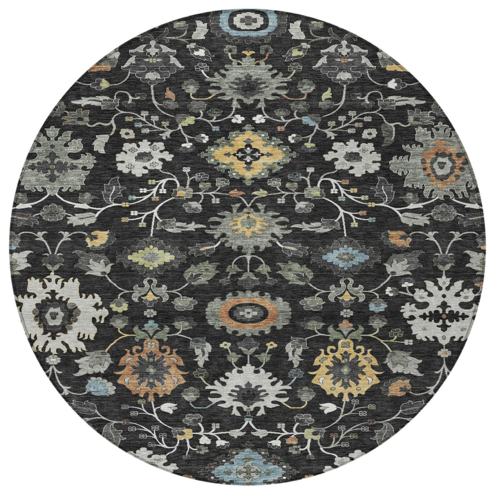 HomeRoots 8 Ft Round Floral Medallion Polyester Area Rug Washable for Patio and Entryway 725656