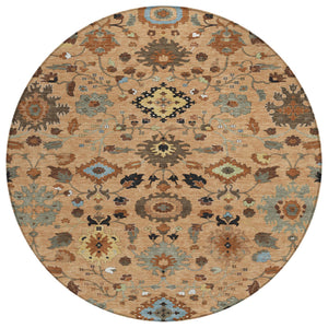 8 Ft Round Floral Medallion Indoor Outdoor Rug Washable Polyester Copper Tones