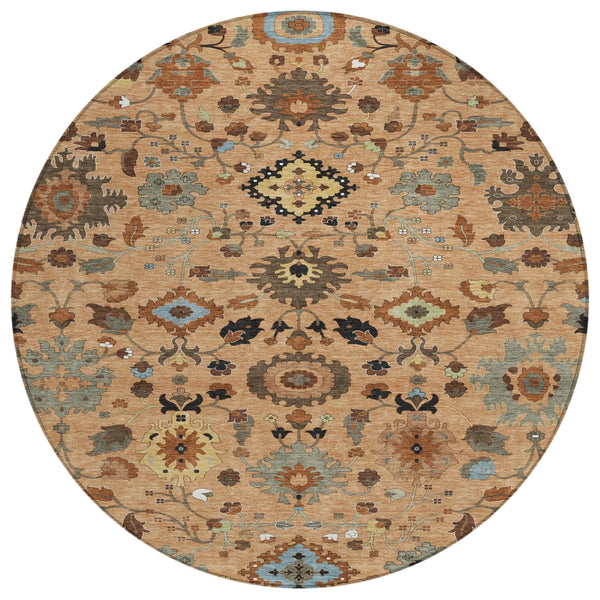 8 Ft Round Floral Medallion Indoor Outdoor Rug Washable Polyester Copper Tones