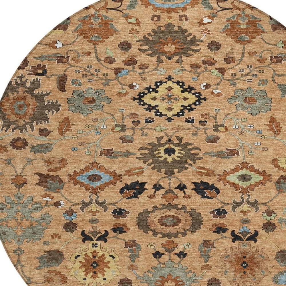 HomeRoots 8 Ft Round Floral Medallion Indoor Outdoor Rug Washable Polyester Copper Tones 725668