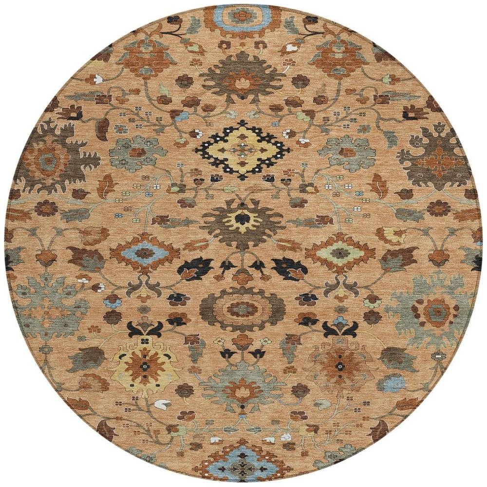 HomeRoots 8 Ft Round Floral Medallion Indoor Outdoor Rug Washable Polyester Copper Tones 725668