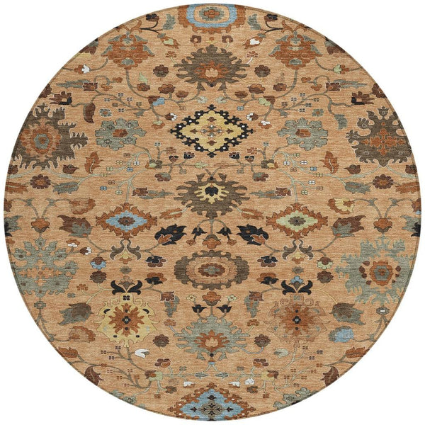 8 Ft Round Floral Medallion Indoor Outdoor Rug Washable Polyester Copper Tones