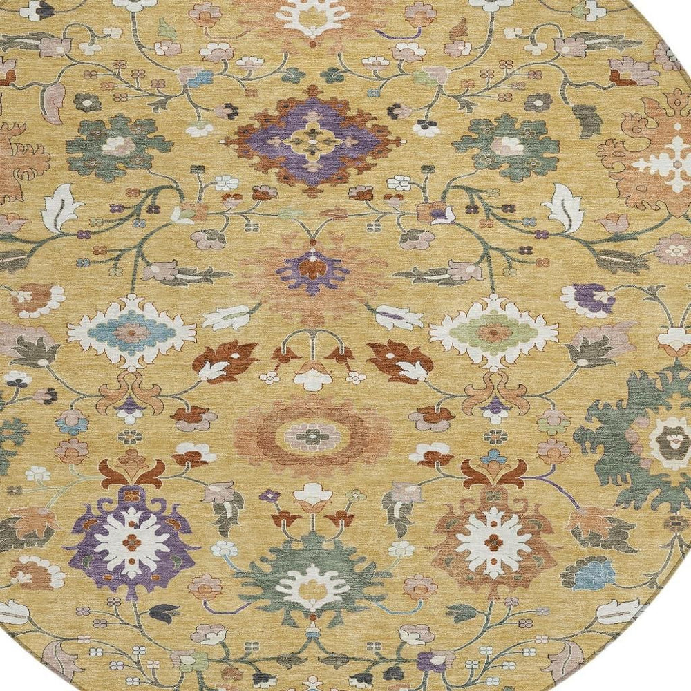 HomeRoots 8 Ft Round Floral Medallion Polyester Rug Washable Gold Copper Indoor Outdoor 725674