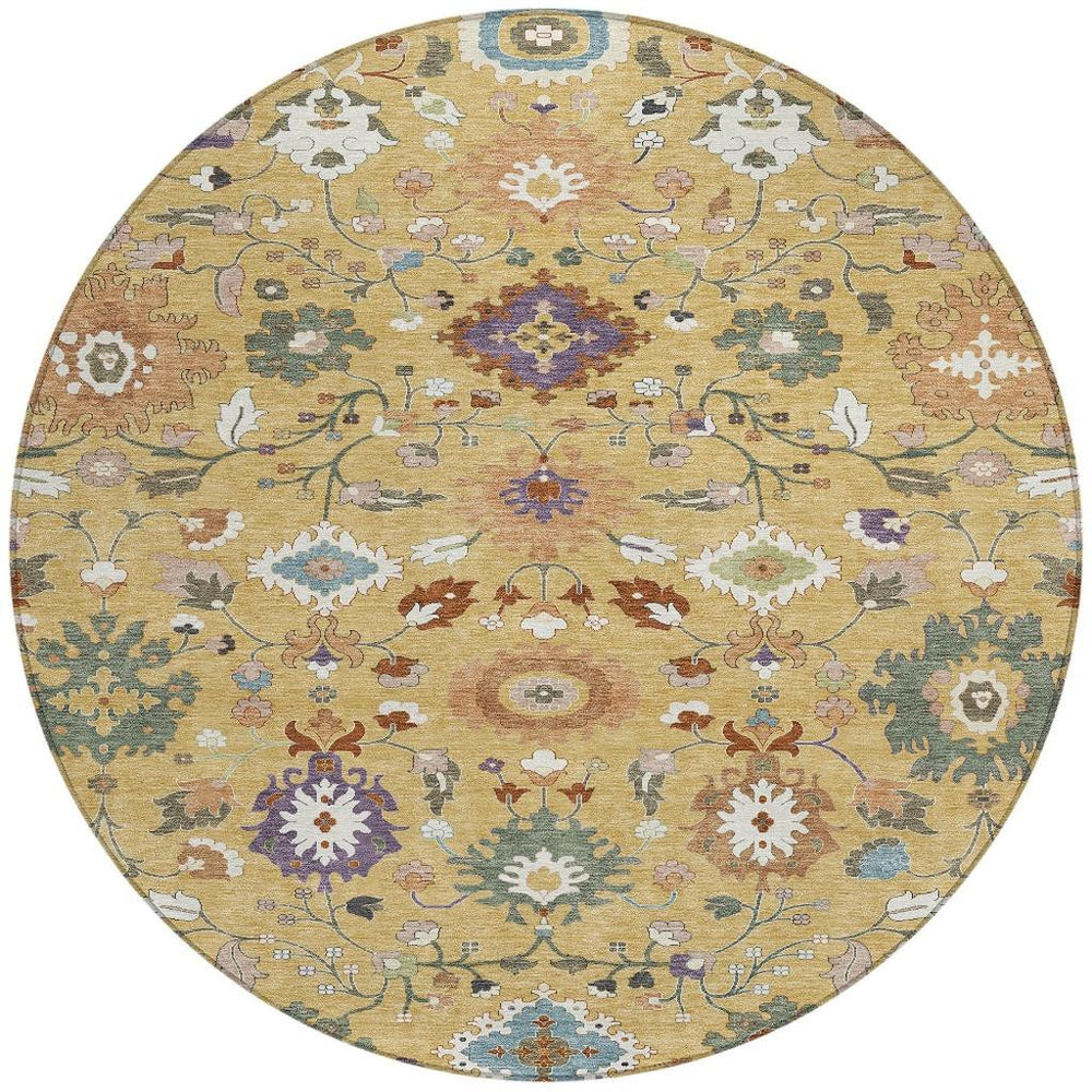 HomeRoots 8 Ft Round Floral Medallion Polyester Rug Washable Gold Copper Indoor Outdoor 725674