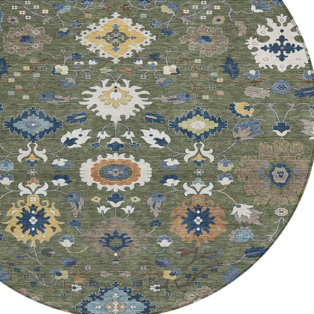 HomeRoots 8 Ft Round Medallion Polyester Area Rug Washable Floral Design for Patio or Entryway 725686
