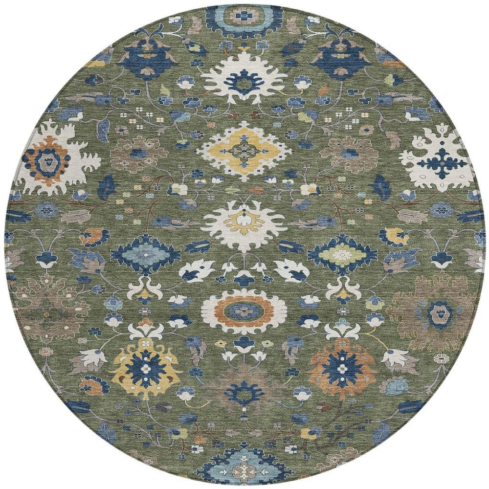 HomeRoots 8 Ft Round Medallion Polyester Area Rug Washable Floral Design for Patio or Entryway 725686