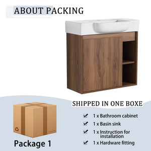 English Elm 24'' Wall-Mounted Bathroom Vanity with White Ceramic Sink, Soft-Close Door, Open Shelves, Moisture-Resistant Finish W999P263406