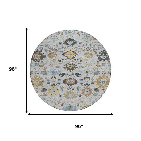 8 Ft Round Floral Medallion Polyester Area Rug Washable for Patio and Foyer