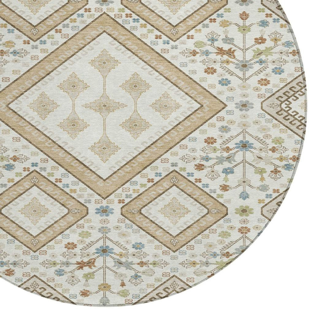 HomeRoots 8 Ft Round Medallion Polyester Area Rug Washable Indoor Outdoor Ivory Gold 725716