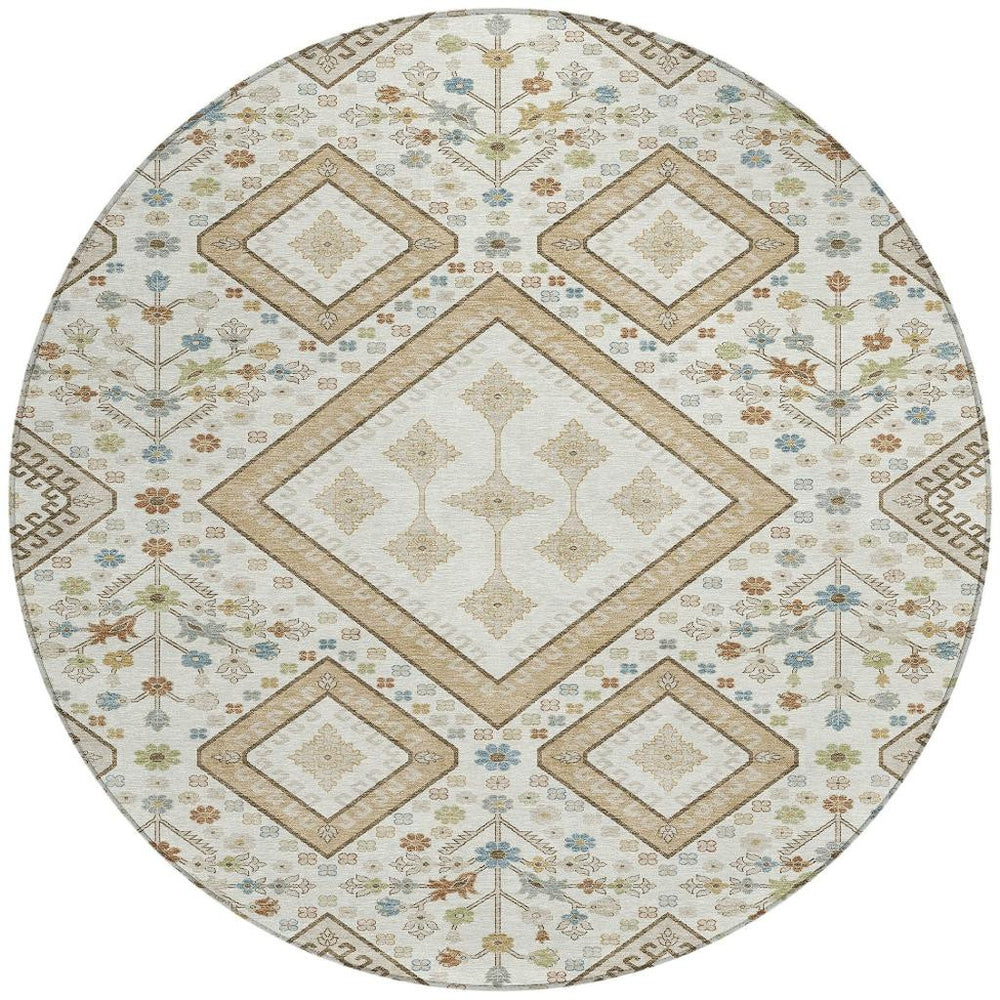 HomeRoots 8 Ft Round Medallion Polyester Area Rug Washable Indoor Outdoor Ivory Gold 725716