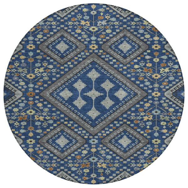 8 Foot Round Medallion Indoor Outdoor Rug Washable Polyester Navy Ivory Pattern