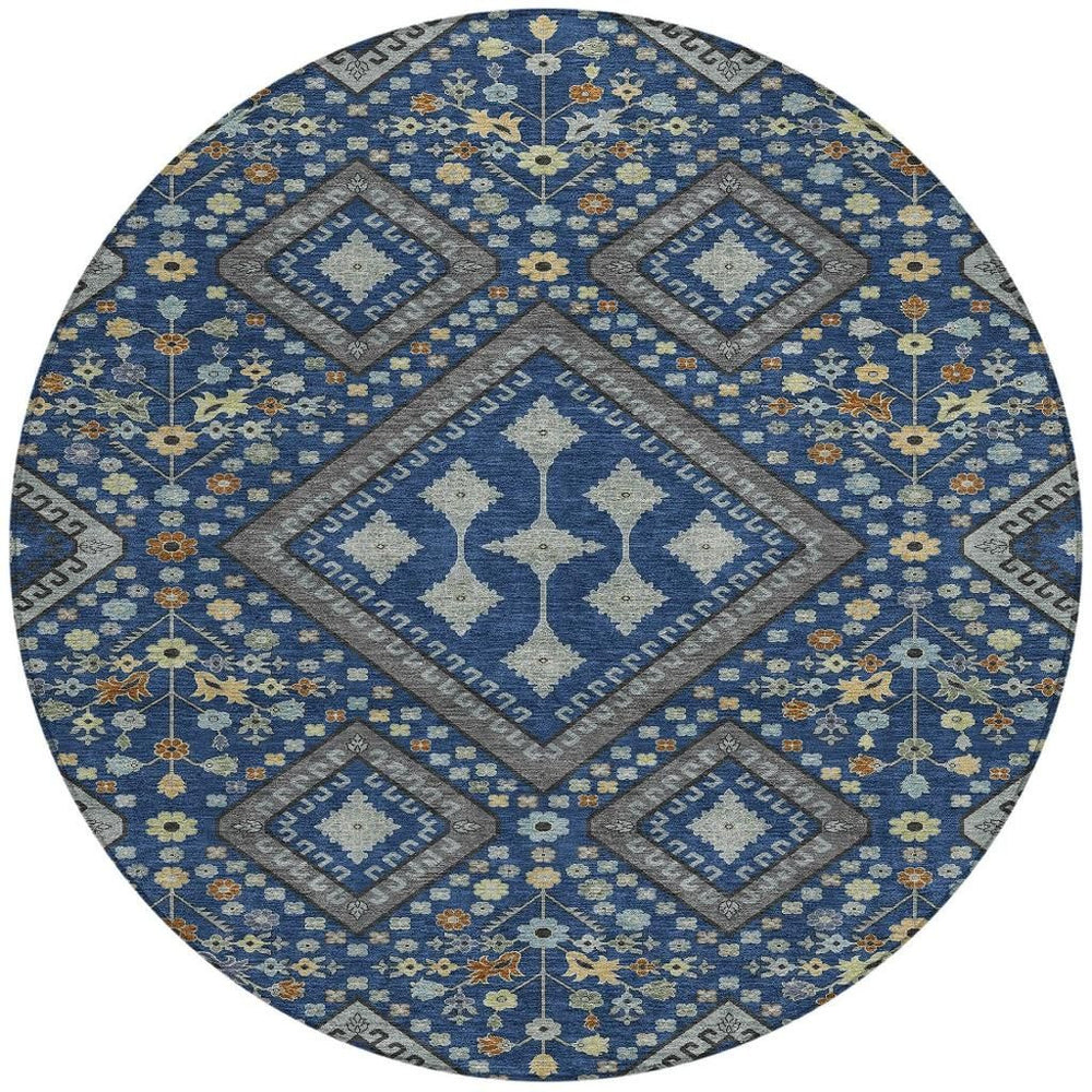HomeRoots 8 Foot Round Medallion Indoor Outdoor Rug Washable Polyester Navy Ivory Pattern 725722