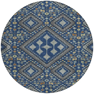 HomeRoots 8 Foot Round Medallion Indoor Outdoor Rug Washable Polyester Navy Ivory Pattern 725722