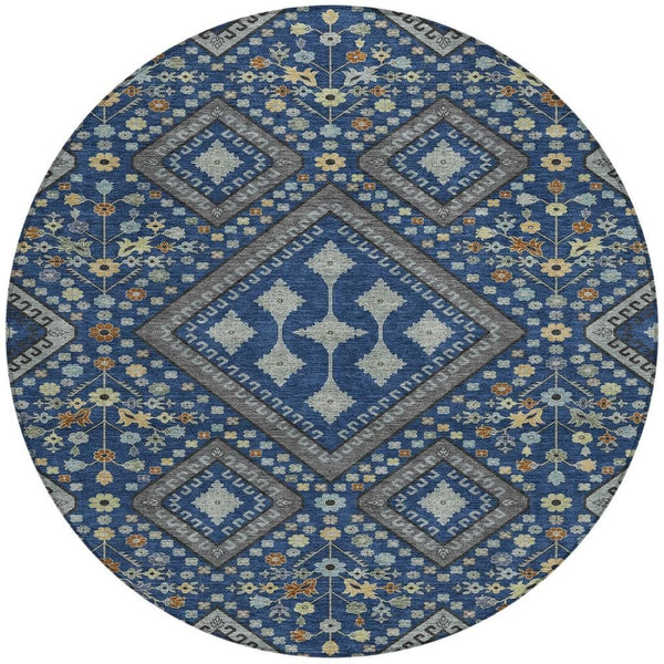 HomeRoots 8 Foot Round Medallion Indoor Outdoor Rug Washable Polyester Navy Ivory Pattern 725722