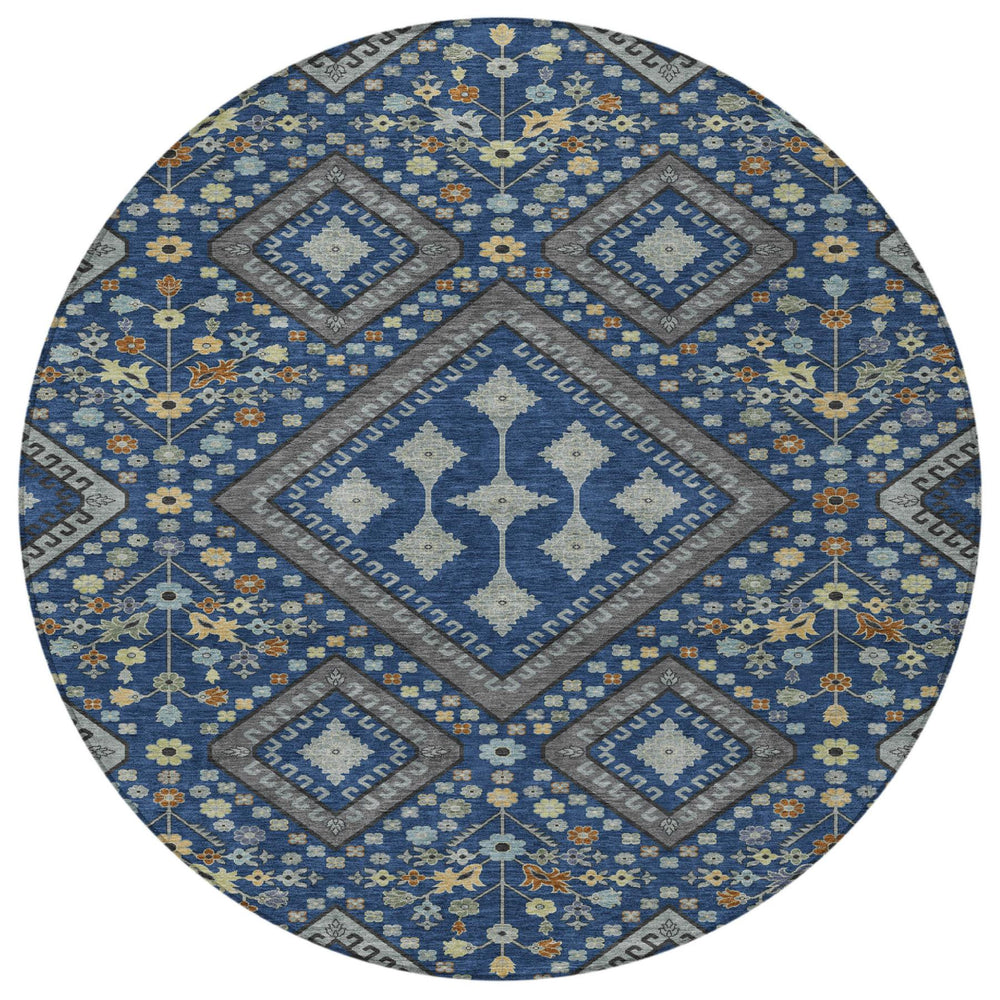HomeRoots 8 Foot Round Medallion Indoor Outdoor Rug Washable Polyester Navy Ivory Pattern 725722