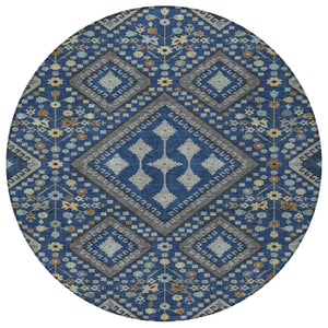 8 Foot Round Medallion Indoor Outdoor Rug Washable Polyester Navy Ivory Pattern