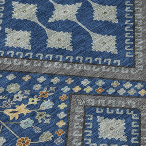 8 Foot Round Medallion Indoor Outdoor Rug Washable Polyester Navy Ivory Pattern