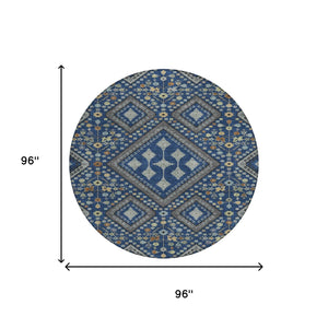 8 Foot Round Medallion Indoor Outdoor Rug Washable Polyester Navy Ivory Pattern