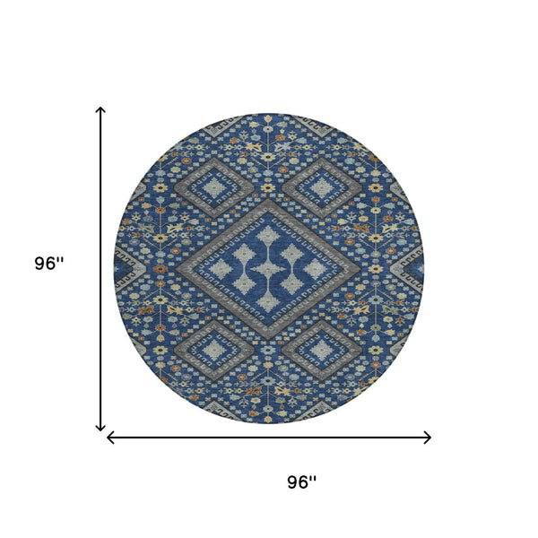 8 Foot Round Medallion Indoor Outdoor Rug Washable Polyester Navy Ivory Pattern
