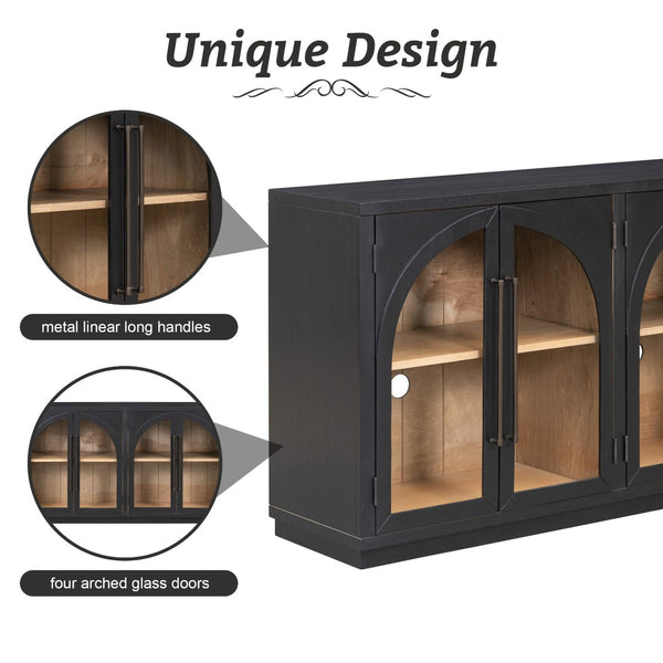 English Elm Trexm Arched Glass Door Buffet Sideboard Oak Veneer Storage Cabinet for Dining Room Black XW000021AAB-2026