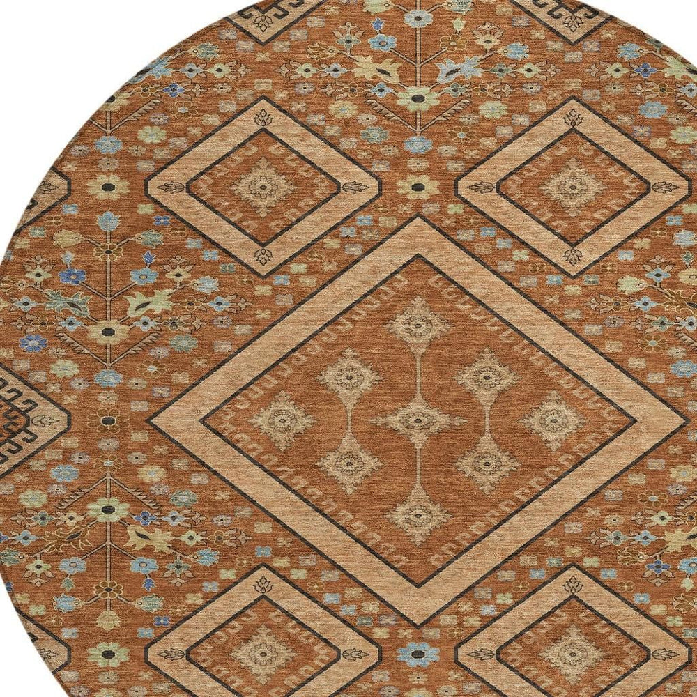 HomeRoots 8 Ft Round Medallion Indoor Outdoor Rug Washable Polyester Patio Entryway Accent 725734